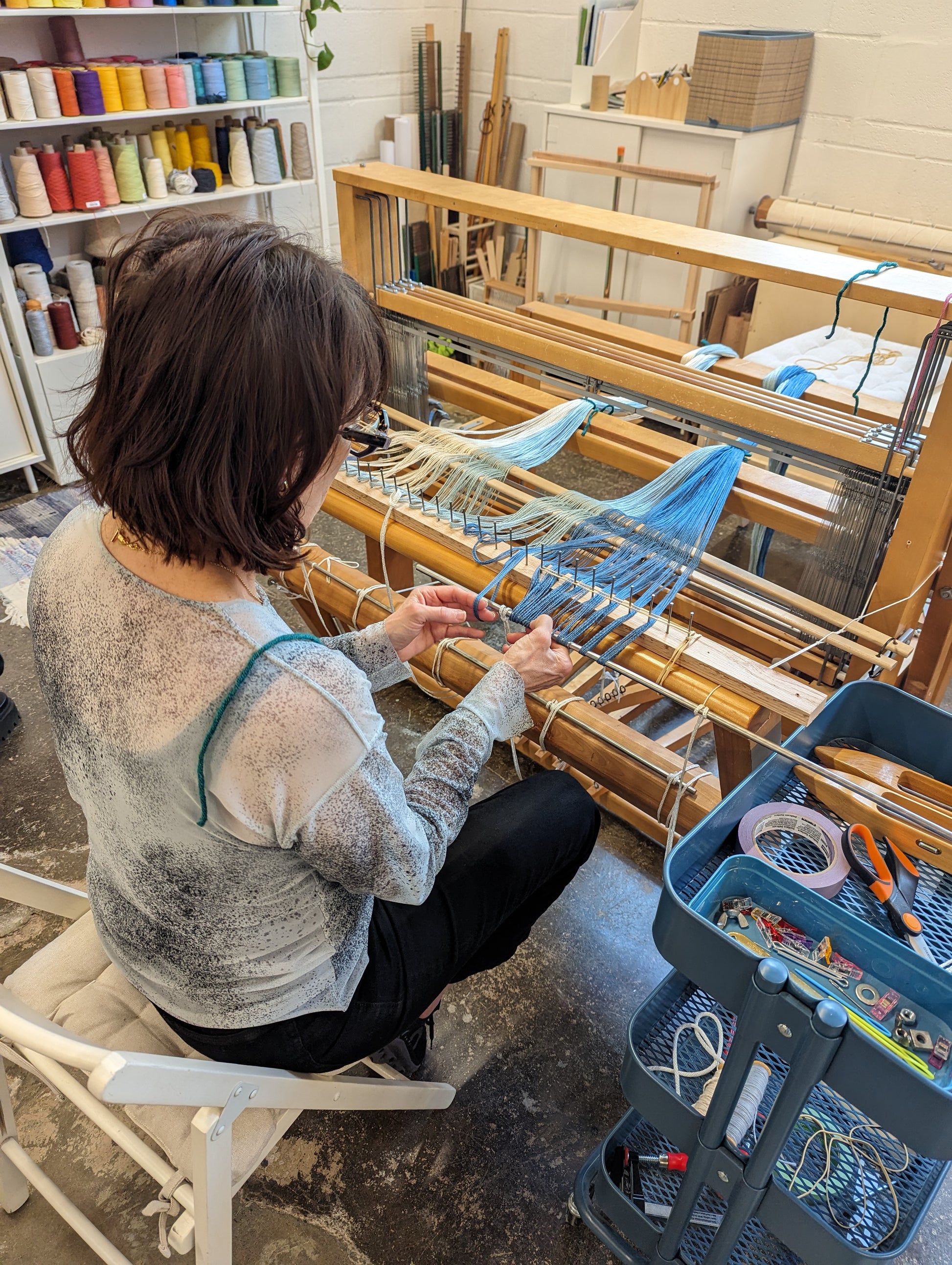 Warping a floor loom for shawl